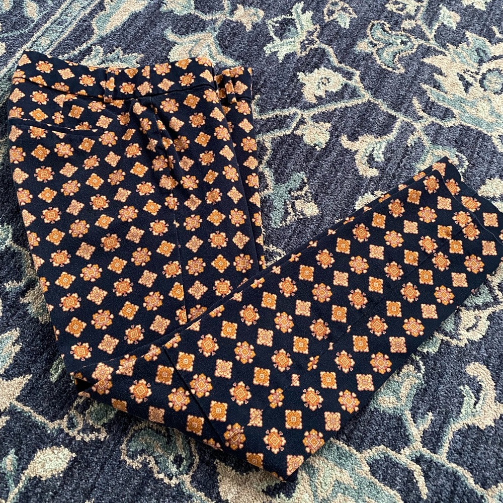 Blue J Crew pants with gold designs